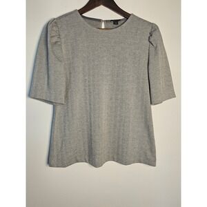 [Dark Academia] Ann Taylor Herringbone Knit Top Women L Grey Puff Sleeve Stretch